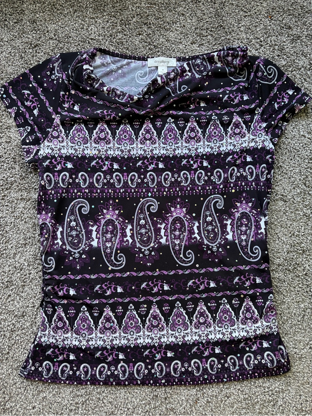 dressbarn Black and Purple Paisley Cowl Neck Short Sleeve Top